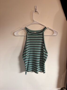Striped Ribbed Halter Tank Top - Teal/Black